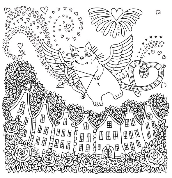 飞猫丘比特弓，心，玫瑰花，房子剪影。成人儿童涂色书页图片下载
