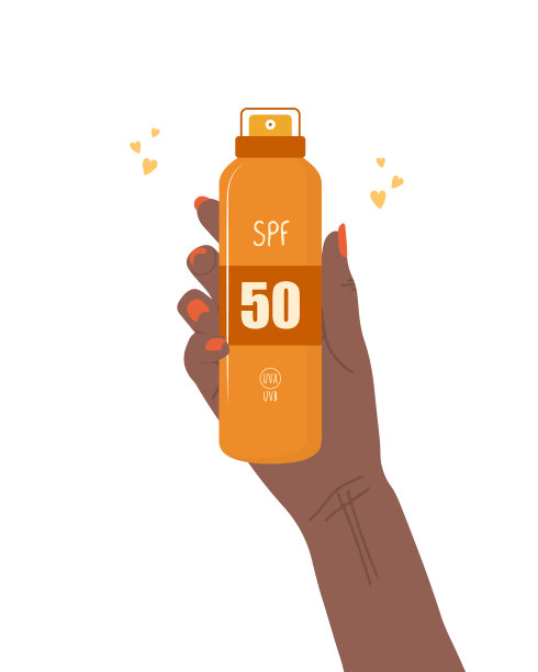 皮肤护理的概念。非洲女性手握防晒霜管。具有SPF值的面霜。保护脸部免受太阳紫外线照射。手绘美容产品。平面风格的矢量插图图片下载