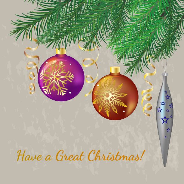 圣诞贺卡与球和冰柱和丝带在冷杉枝矢量插图图片下载