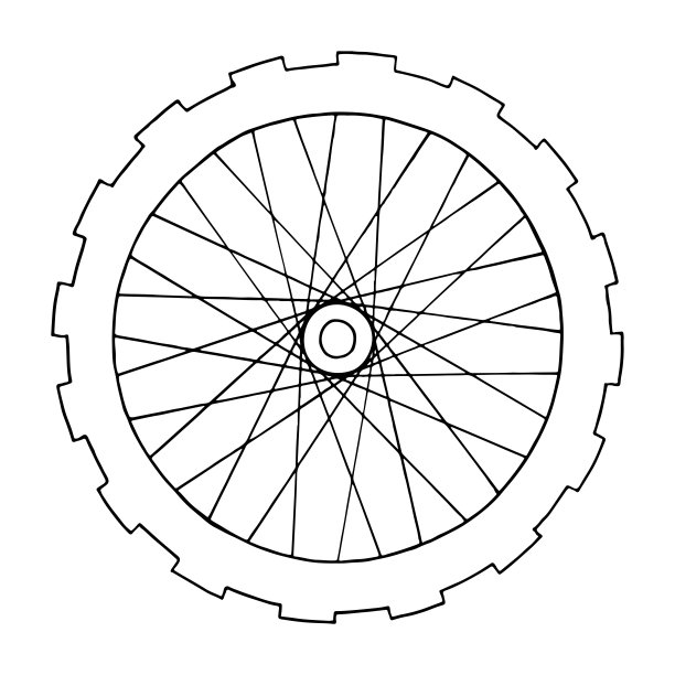 运输齿轮细线艺术。带轮胎和轮毂的电路旋转备件。自行车，助力车，汽车的细节。手绘矢量插图。黑白孤立的涂鸦元素、图标、标志图片下载