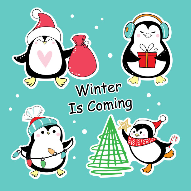 收集圣诞企鹅贴纸。矢量插图的冬季假期图片下载