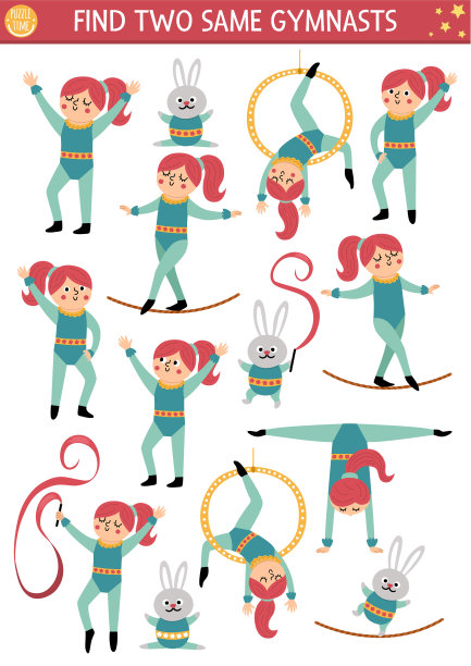 找两个相同的体操运动员。儿童马戏团配对活动。娱乐节目教育测试工作表为孩子的注意力技能。简单娱乐节日打印游戏图片下载