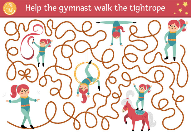 马戏团迷宫与体操运动员走钢索的孩子。娱乐表演学前印刷活动与可爱的杂技女孩表演者。娱乐节日迷宫游戏或益智游戏图片下载