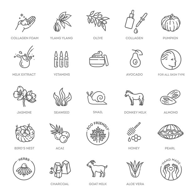设置有机化妆品的线条图标。韩国化妆品原料。天然有机化妆品，素食标志。图片下载