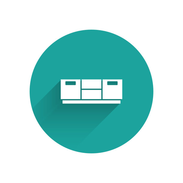 白色家具的床头柜图标孤立与长影。绿色圆圈按钮。向量图片下载