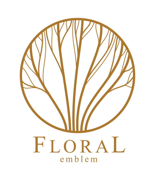 圆形花卉复古线性标志设计模板为精品或酒店或沙龙标志，孤立于白色，用美丽的线条画出树叶组成的圆形，树枝生长自然。图片下载