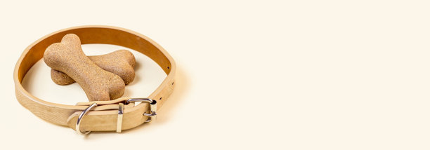 棕色的饼干骨头狗在米色衣领在浅色背景横幅与复制空间。狗和幼犬的食物，健康的食物图片下载