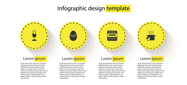 设置酒杯，碎蛋，烤箱和烹饪锅。业务信息图模板。向量图片下载