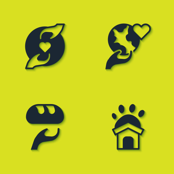 设置愉快的关系，动物收容所，捐赠食物和手牵手地球的图标。向量图片下载