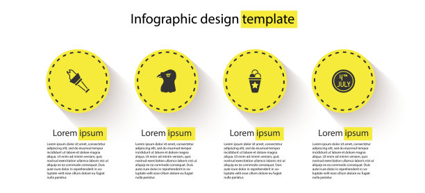设置火炬火焰，鹰头，冰淇淋在华夫蛋筒和日历日期7月4日。业务信息模板。向量图片下载