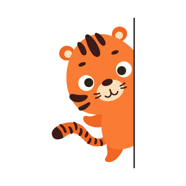 可爱的小老虎在角落里偷看白色的背景。卡通动物人物为孩子的卡，婴儿淋浴，邀请，海报，t恤组成，房子内部。矢量插图。图片下载