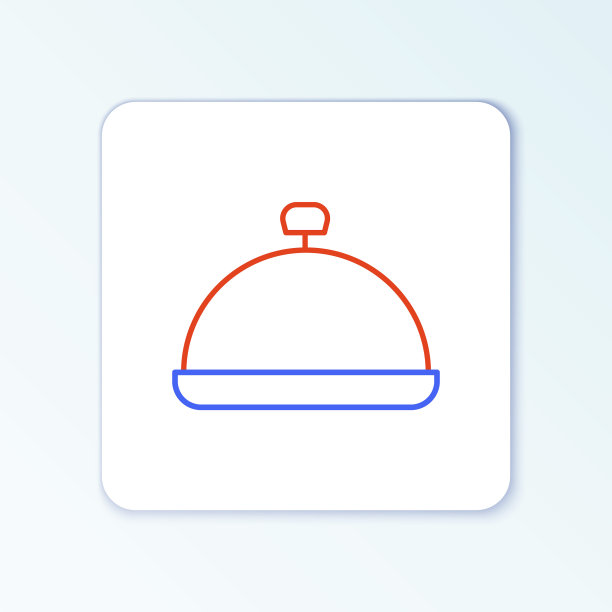 线覆盖了一个托盘的食物图标孤立的白色背景。托盘和盖子标志。带盖子的餐厅钟。色彩斑斓的轮廓的概念。向量图片下载