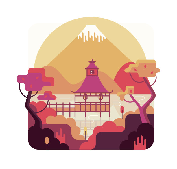 宝塔在河上，山与树之间。平面游戏设计中的矢量卡通插图图片下载