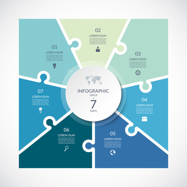 信息图方形模板在谜题风格。矢量循环图7部分，选项。可用于图表，图表，报告，演示文稿，网页设计。图片下载