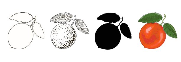 一组四个葡萄柚在一根有两片叶子的树枝上——轮廓风格、涂鸦风格、卡通风格和柚子的黑色轮廓。股票矢量插图孤立的白色背景。图片下载