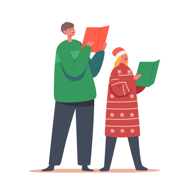 男孩和女孩用书唱颂歌。孩子们在唱圣诞颂歌，快乐的孩子们在圣诞老人的帽子和毛衣唱歌图片下载