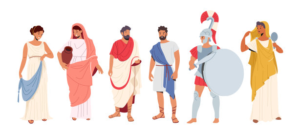 罗马人穿着传统服装，古罗马公民男女角色穿着束腰外衣和凉鞋服装图片下载