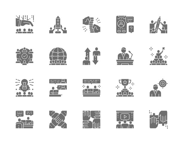 一组团队灰色图标。创业、领导力、国际团队等等。图片下载