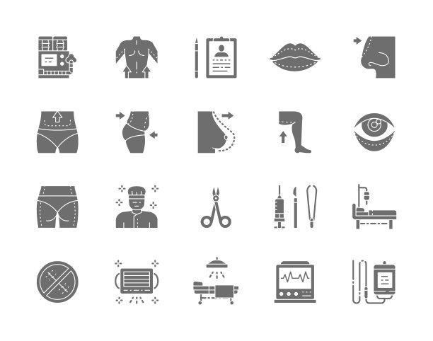 一套整形外科灰色图标。外科医生，吸脂，鼻整形等等。图片下载