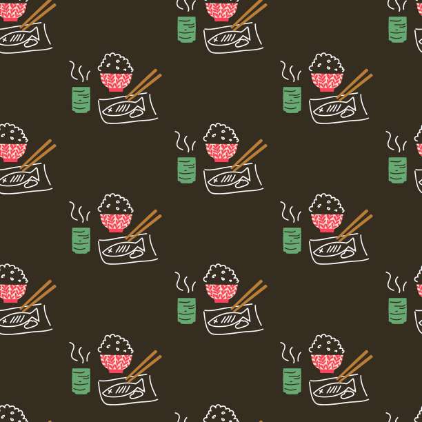 日式套餐与热茶矢量图形艺术无缝图案图片下载