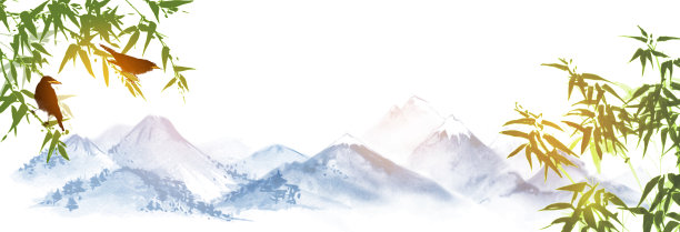 竹林双鸟，远山青翠。传统东洋水墨画静美、墨心、墨花。图片下载