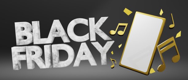 3D效果图，黑色星期五的3D效果图，一部手机和一个乐谱。水平的旗帜。销售或折扣概念图片下载