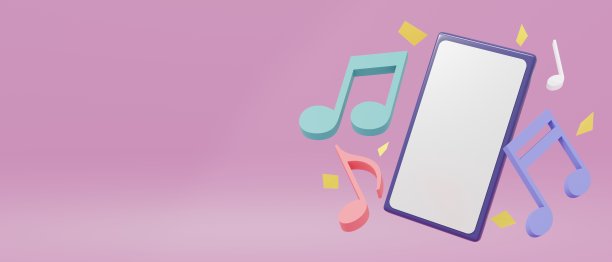 3 d渲染。3 d演示。一个电话和音符的水平横幅。概念音乐流媒体服务，在线广播和歌曲。空间敌人文本图片下载