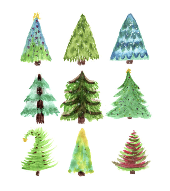 一套手绘水彩圣诞树，水彩松树设计在不同深浅的绿色图片下载