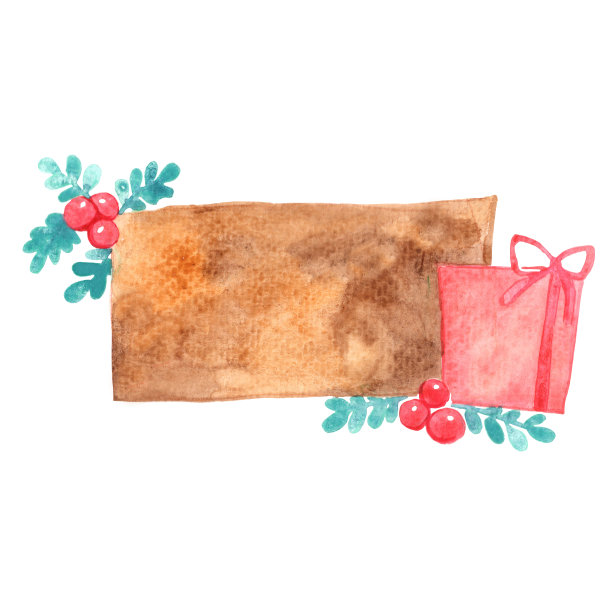 礼品盒与蕨类叶和浆果横幅水彩画装饰圣诞假期。图片下载
