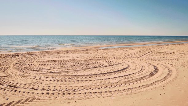 沙滩上的轮胎印图片下载