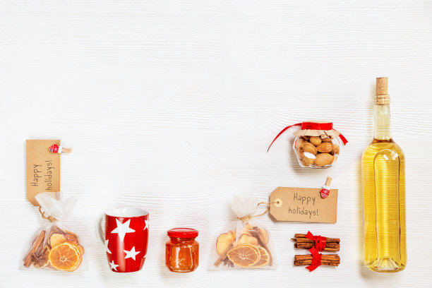 圣诞节日套餐准备礼品，自制热热酒配料，自制干果礼品，红杯图片下载