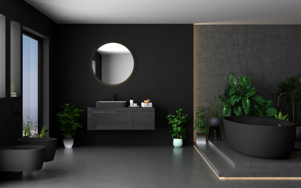 简约的浴室内部与混凝土地板，。黑色的背景墙,图片下载