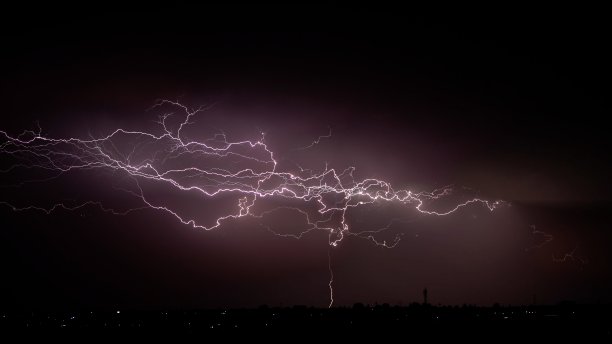 夜空中真正的闪电。雷暴中有几道强雷击。图片下载