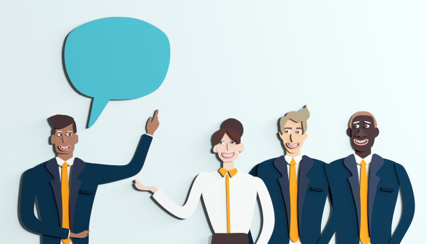 业务人员交谈。商人用纸做背景。剪纸设计3D效果图图片下载