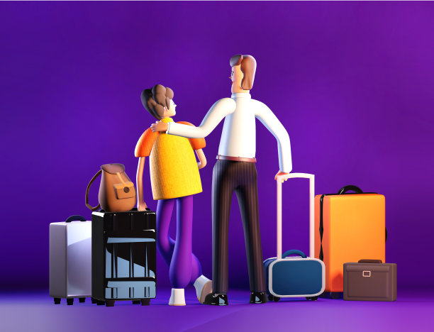 3 d渲染插图。快乐的人带着旅行袋去旅行，等待登机图片下载