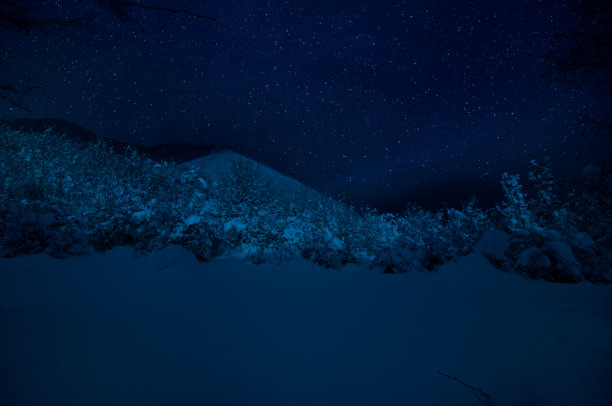 在一个月圆之夜，山路穿过白雪覆盖的森林。夜景冬季景观，深蓝色的天空有月亮和星星图片下载
