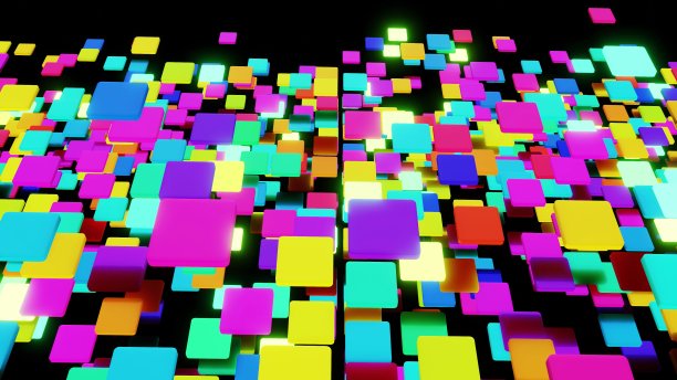 3 d渲染。简单的几何背景与彩色板在飞机上闪烁像霓虹灯。创意丰富多彩的背景。图片下载