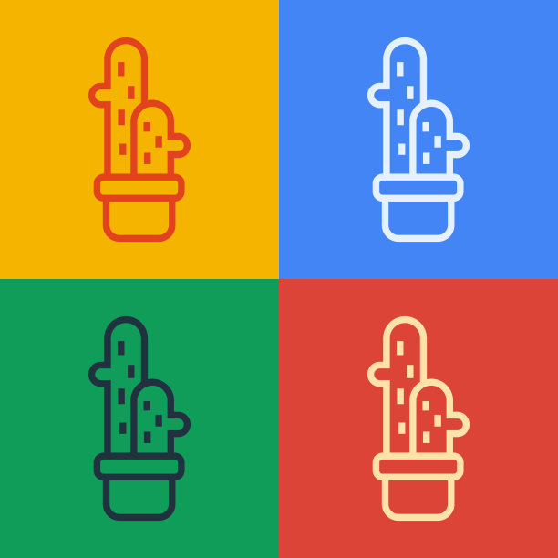 波普艺术线仙人掌仙人掌在花盆图标孤立上图片下载