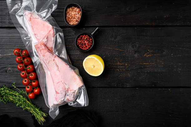红鲷鱼冷冻包装肉，与香草，在黑色木制桌子的背景，顶视图平放，与复制空间的文字图片下载