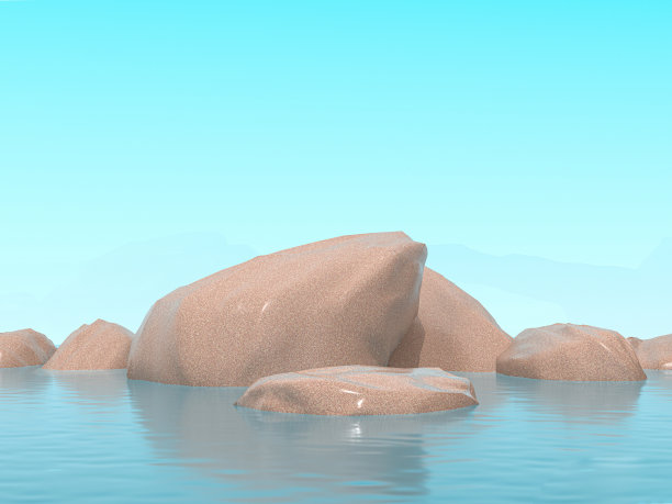 这是一个天然的讲台，由花岗岩在清澈的绿松石水中衬托着天空。三维渲染图片下载