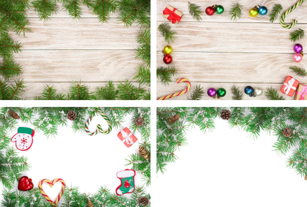 四个圣诞节枞树树枝与雪孤立的白色背景与复制空间为您的文本。前视图。设置或集合图片下载