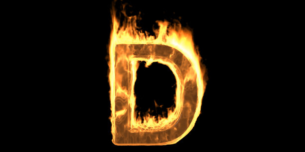 火字母D燃烧的火焰。炽热炽热的字体发光，黑色的背景。三维演示图片下载