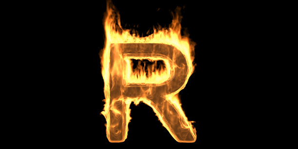 火焰字母R燃烧火焰。炽热炽热的字体发光，黑色的背景。三维演示图片下载