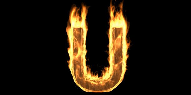 火焰字母U燃烧火焰。炽热炽热的字体发光，黑色的背景。三维演示图片下载