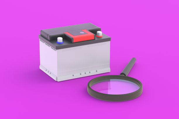 汽车电池附近的放大镜。搜索汽车蓄电池。备件的研究、质量控制。开发碱、锂新技术。发现工作中的问题。三维渲染图片下载