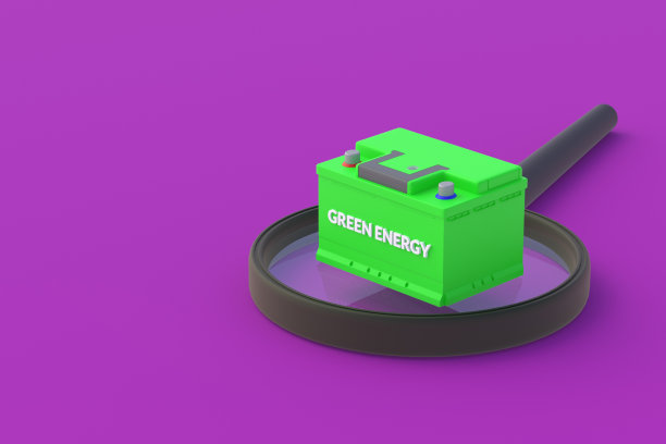 放大镜上刻有绿色能源字样的汽车电池。环境保护新技术。发展清洁电力。三维渲染图片下载