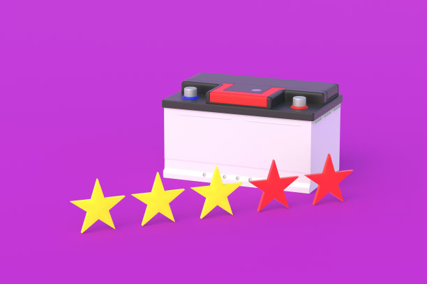 汽车电池附近有三颗黄色评级星和两颗红色。一个糟糕的蓄电池。负面的反馈。汽车零部件质量低。三维渲染图片下载