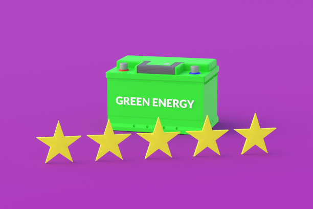 汽车电池题字绿色能源近五颗星。一个很好的可再生电力蓄能器。积极的反馈。证明质量。三维渲染图片下载
