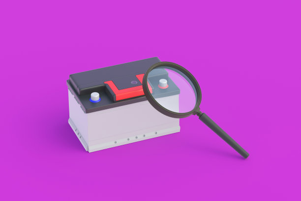 汽车电池附近的放大镜。搜索汽车蓄电池。备件的研究、质量控制。开发碱、锂新技术。发现工作中的问题。三维渲染图片下载