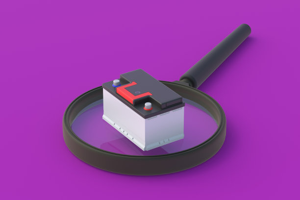 汽车电池放在放大镜上。搜索汽车蓄电池。备件的研究、质量控制。开发碱、锂新技术。发现工作中的问题。三维渲染图片下载